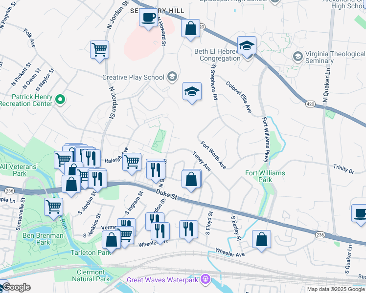 map of restaurants, bars, coffee shops, grocery stores, and more near 4109 Taney Avenue in Alexandria