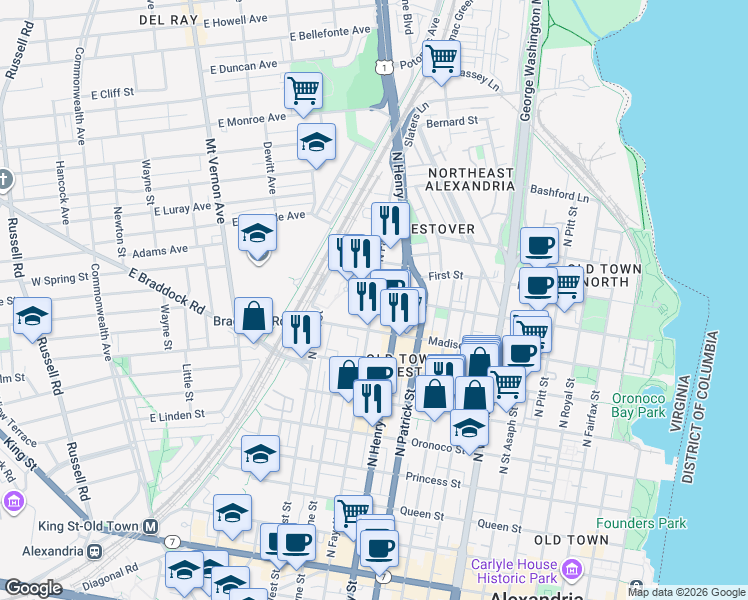 map of restaurants, bars, coffee shops, grocery stores, and more near 101 Independence Avenue Southeast in Washington