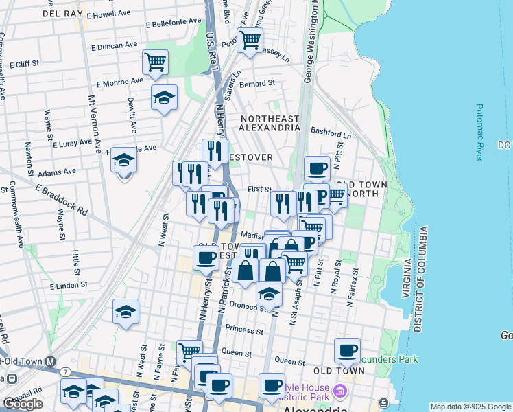 map of restaurants, bars, coffee shops, grocery stores, and more near 928 North Alfred Street in Alexandria