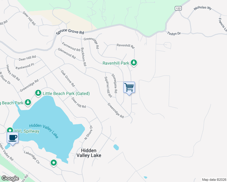 map of restaurants, bars, coffee shops, grocery stores, and more near 19223 Stonegate Road in Hidden Valley Lake