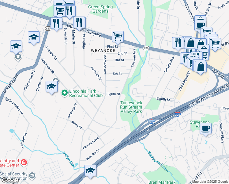 map of restaurants, bars, coffee shops, grocery stores, and more near 6418 Eighth street in Alexandria