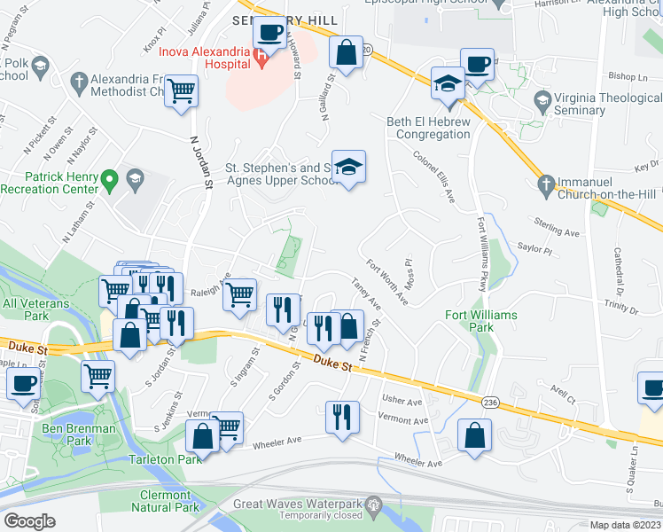 map of restaurants, bars, coffee shops, grocery stores, and more near 4109 Taney Avenue in Alexandria