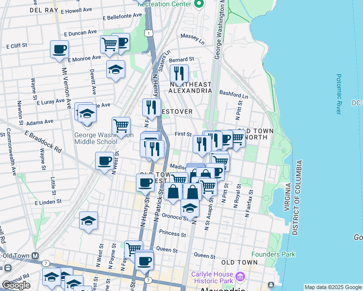 map of restaurants, bars, coffee shops, grocery stores, and more near 930 North Alfred Street in Alexandria