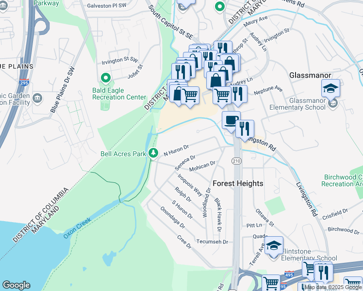 map of restaurants, bars, coffee shops, grocery stores, and more near 129 North Huron Drive in Oxon Hill