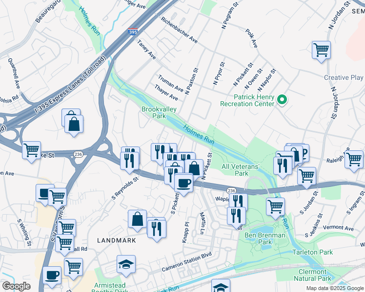map of restaurants, bars, coffee shops, grocery stores, and more near 33 Canterbury Square in Alexandria
