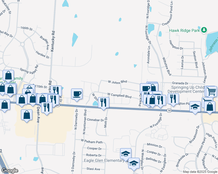 map of restaurants, bars, coffee shops, grocery stores, and more near 1500 West Foxwood Drive in Raymore