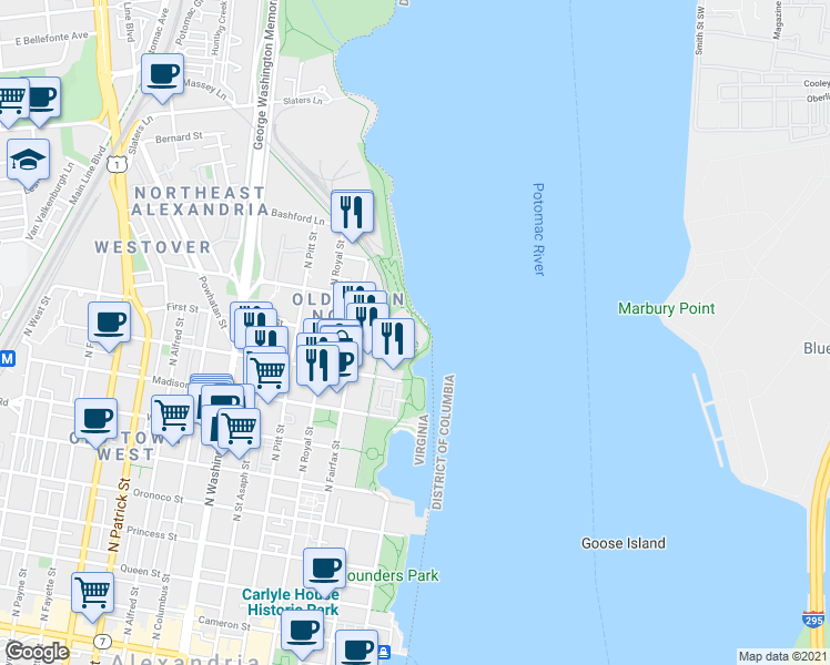map of restaurants, bars, coffee shops, grocery stores, and more near 1 Canal Center Plaza in Alexandria