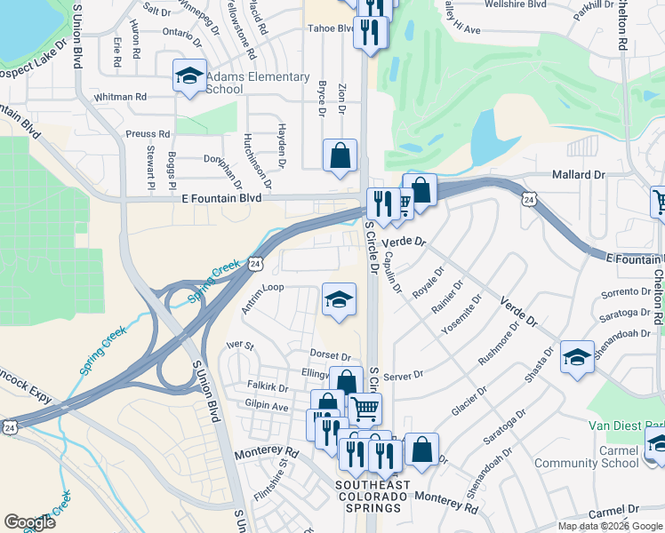 map of restaurants, bars, coffee shops, grocery stores, and more near 2615 Verde Drive in Colorado Springs