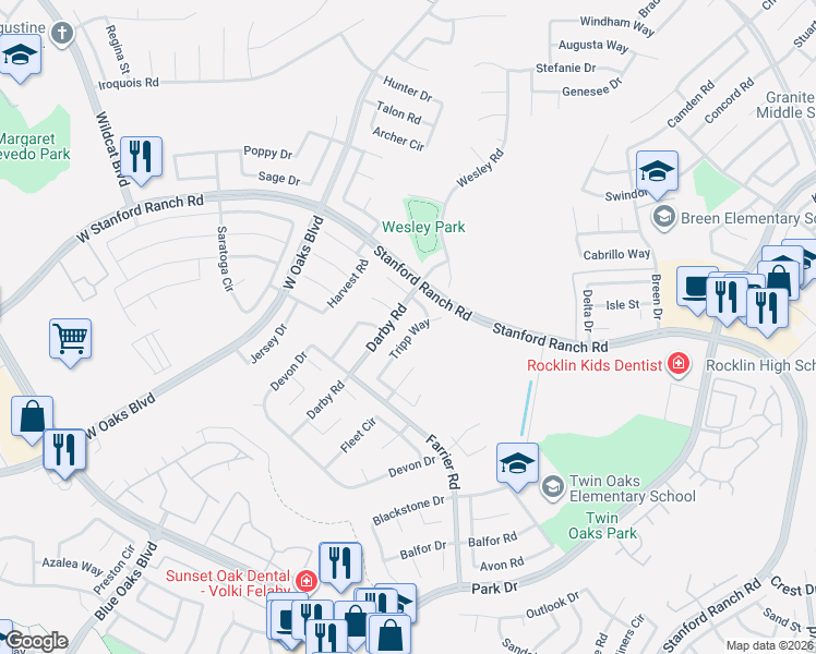 map of restaurants, bars, coffee shops, grocery stores, and more near 2302 Heron Court in Rocklin