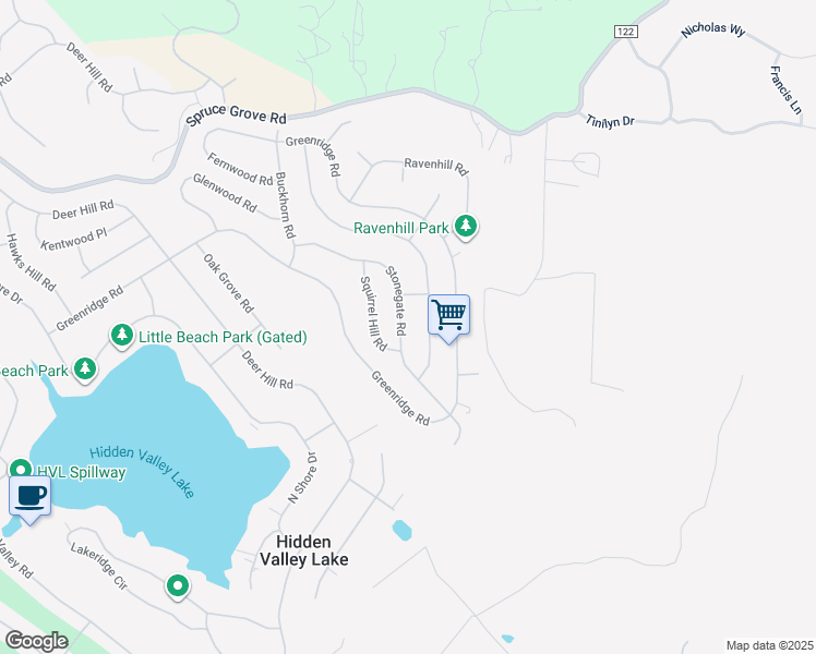 map of restaurants, bars, coffee shops, grocery stores, and more near 19208 Stonegate Road in Hidden Valley Lake