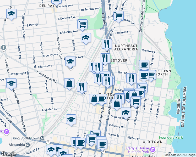 map of restaurants, bars, coffee shops, grocery stores, and more near 101 Independence Avenue Southeast in Washington