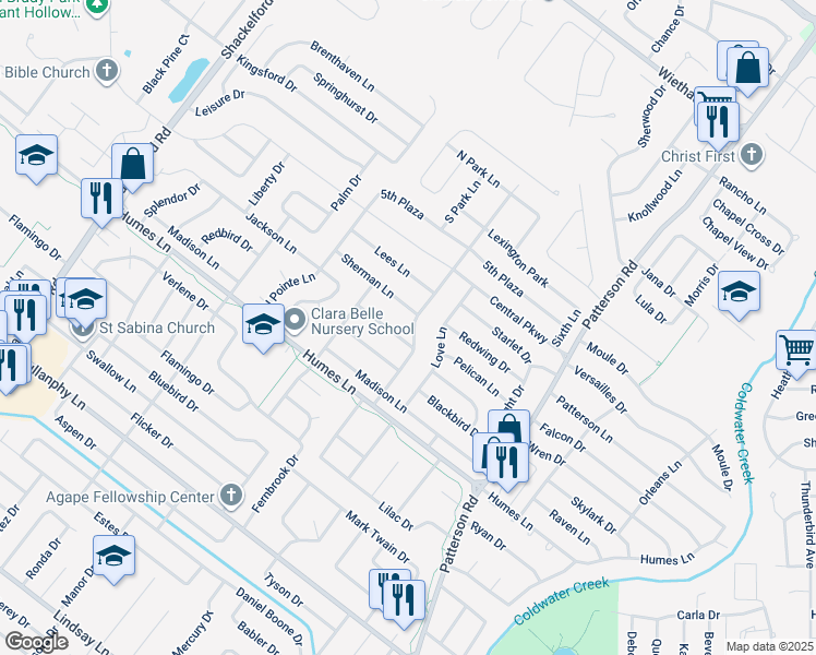 map of restaurants, bars, coffee shops, grocery stores, and more near 960 Sherman Lane in Florissant