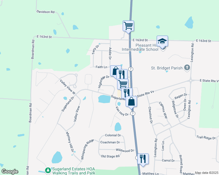 map of restaurants, bars, coffee shops, grocery stores, and more near 2124 Highridge Drive in Pleasant Hill