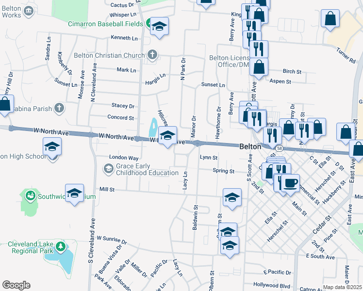 map of restaurants, bars, coffee shops, grocery stores, and more near 100 Manor Drive in Belton