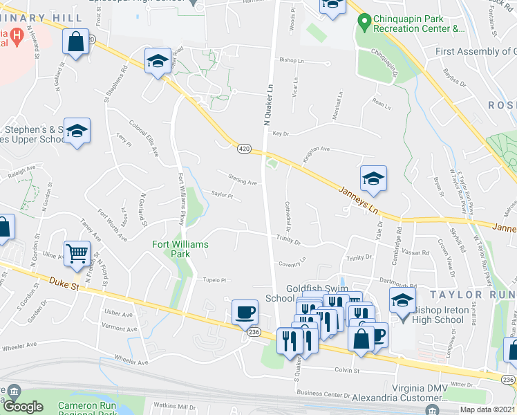 map of restaurants, bars, coffee shops, grocery stores, and more near 516 North Quaker Lane in Alexandria