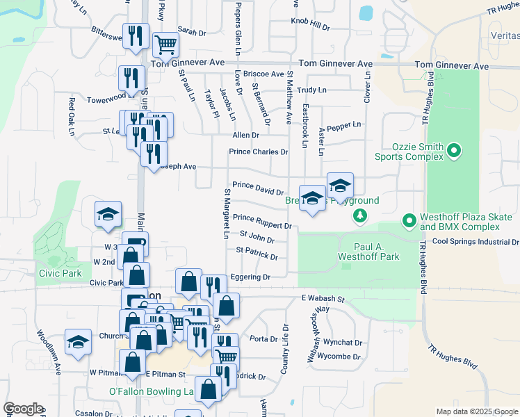 map of restaurants, bars, coffee shops, grocery stores, and more near 414 Saint Christopher Drive in O'Fallon