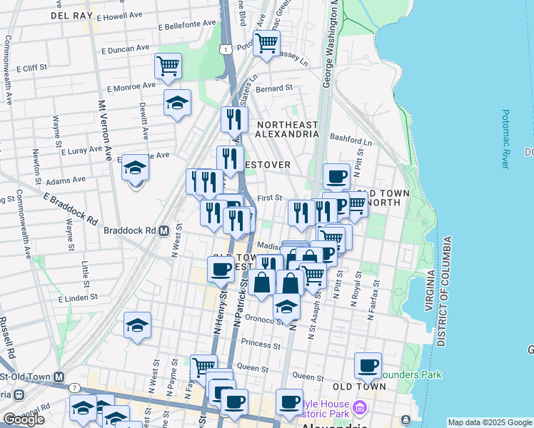 map of restaurants, bars, coffee shops, grocery stores, and more near 911 Parker Gray School Way in Alexandria