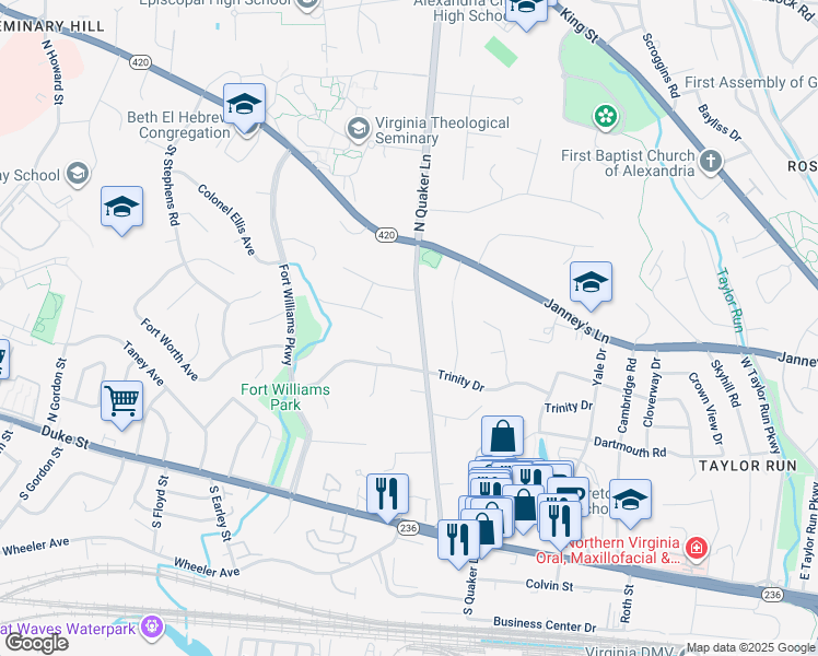 map of restaurants, bars, coffee shops, grocery stores, and more near 516 North Quaker Lane in Alexandria