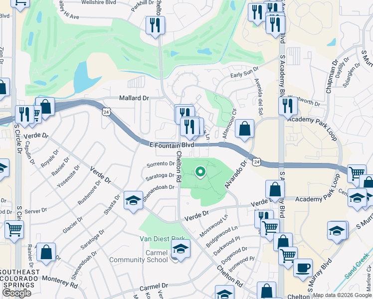 map of restaurants, bars, coffee shops, grocery stores, and more near 3306 East Fountain Boulevard in Colorado Springs