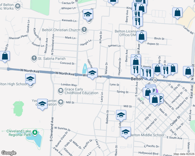 map of restaurants, bars, coffee shops, grocery stores, and more near 101 Hillcrest Road in Belton