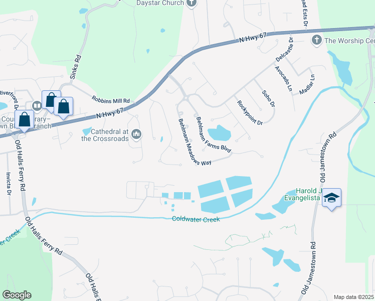 map of restaurants, bars, coffee shops, grocery stores, and more near 231 Behlmann Meadows Way in Florissant