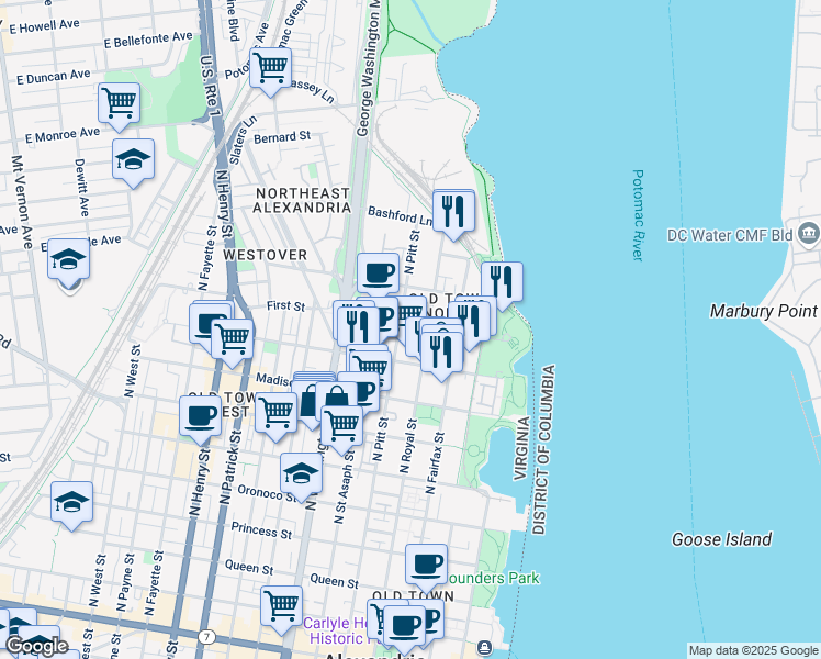 map of restaurants, bars, coffee shops, grocery stores, and more near 101 Independence Avenue Southeast in Washington