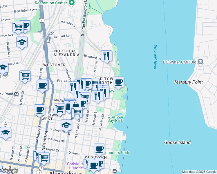 map of restaurants, bars, coffee shops, grocery stores, and more near 1001 North Fairfax Street in Alexandria
