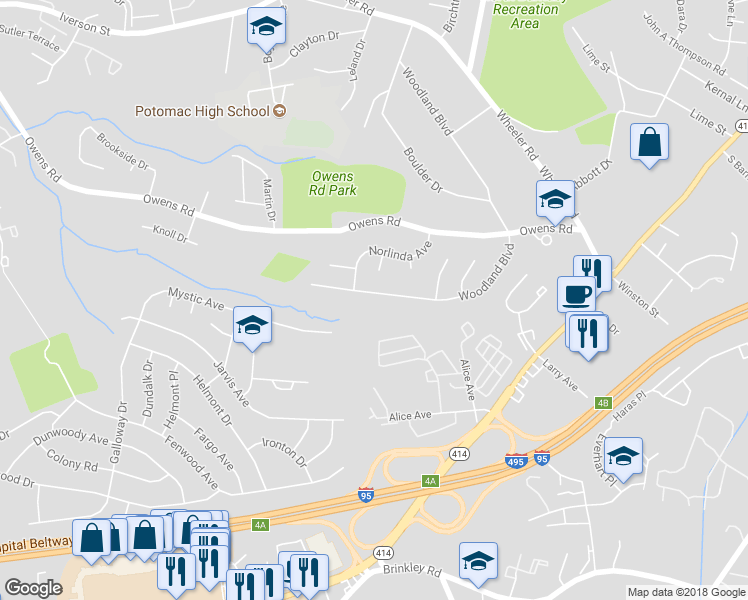 map of restaurants, bars, coffee shops, grocery stores, and more near 5448 Woodland Boulevard in Oxon Hill-Glassmanor