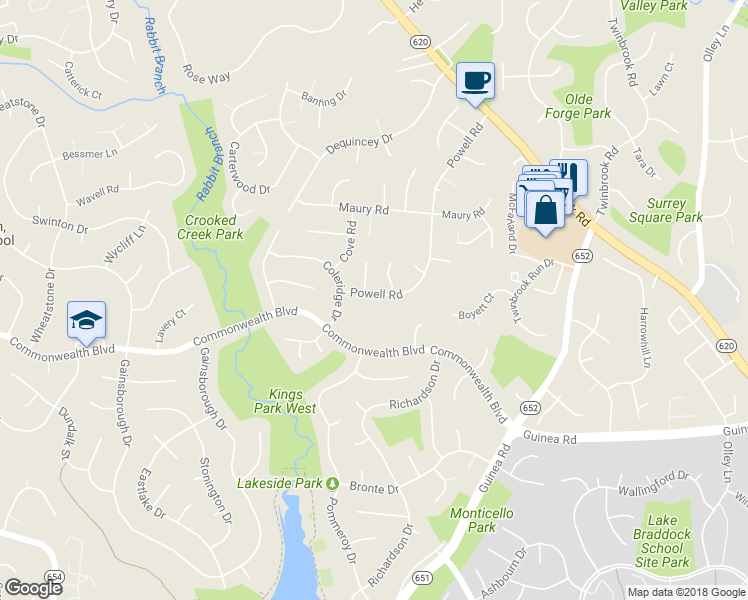 map of restaurants, bars, coffee shops, grocery stores, and more near 5019 Powell Road in Fairfax