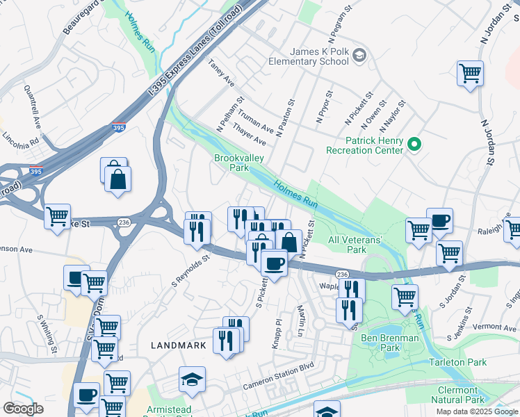 map of restaurants, bars, coffee shops, grocery stores, and more near 5300 Holmes Run Parkway in Alexandria