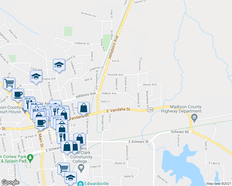 map of restaurants, bars, coffee shops, grocery stores, and more near 22 Halleck Avenue in Edwardsville