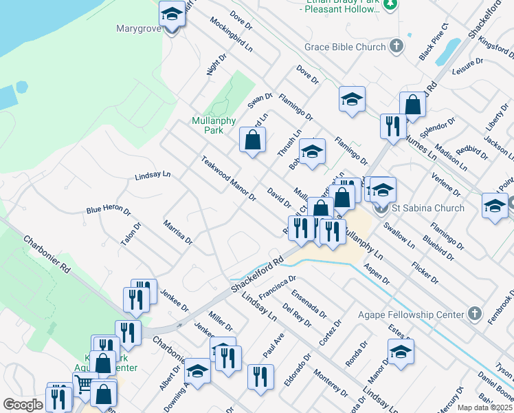 map of restaurants, bars, coffee shops, grocery stores, and more near 2140 David Drive in Florissant