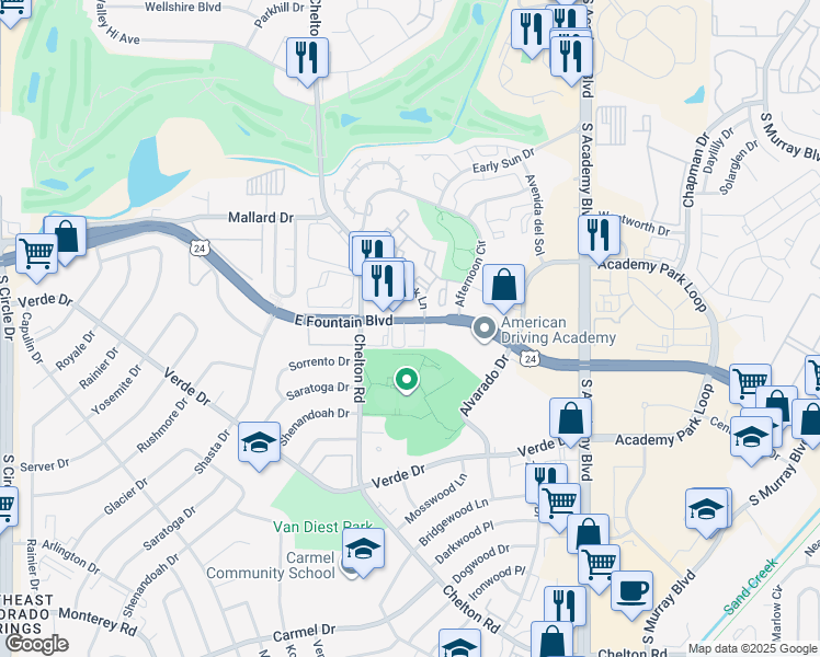map of restaurants, bars, coffee shops, grocery stores, and more near 3349 East Fountain Boulevard in Colorado Springs