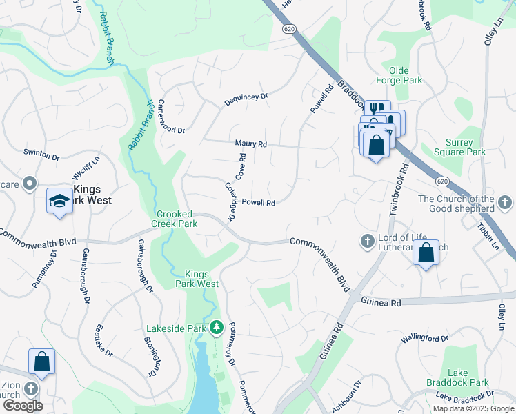 map of restaurants, bars, coffee shops, grocery stores, and more near 5019 Powell Road in Fairfax