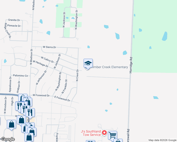 map of restaurants, bars, coffee shops, grocery stores, and more near 310 East Calico Drive in Raymore
