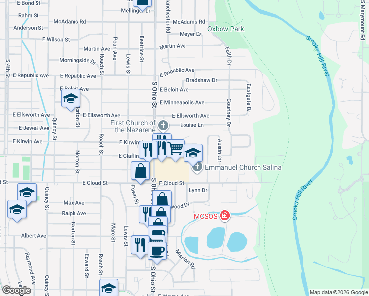 map of restaurants, bars, coffee shops, grocery stores, and more near 1226 East Kirwin Avenue in Salina