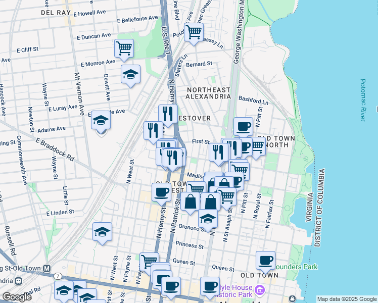 map of restaurants, bars, coffee shops, grocery stores, and more near 915 North Patrick Street in Alexandria