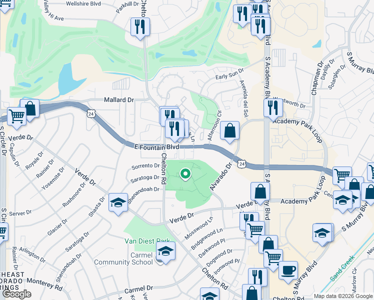 map of restaurants, bars, coffee shops, grocery stores, and more near 3346 East Fountain Boulevard in Colorado Springs