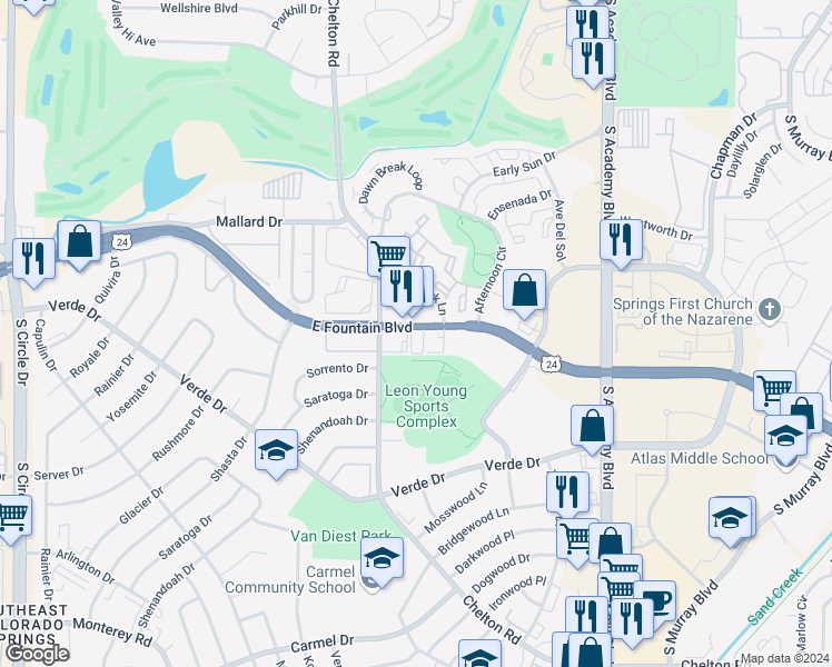 map of restaurants, bars, coffee shops, grocery stores, and more near 3346 East Fountain Boulevard in Colorado Springs