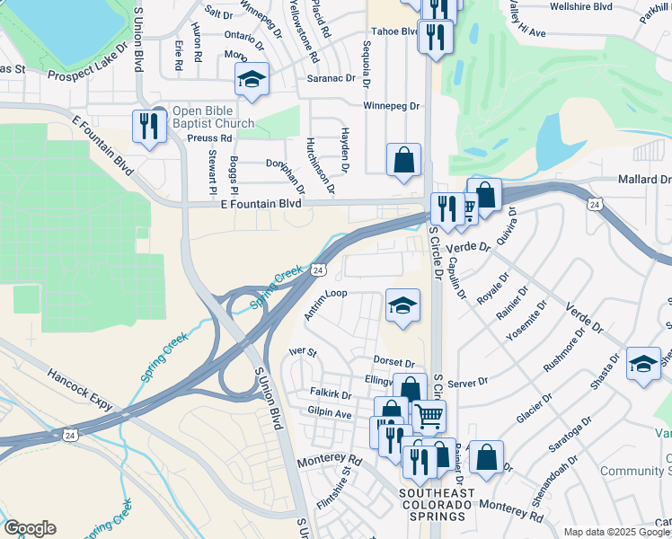 map of restaurants, bars, coffee shops, grocery stores, and more near 2445 Verde Drive in Colorado Springs