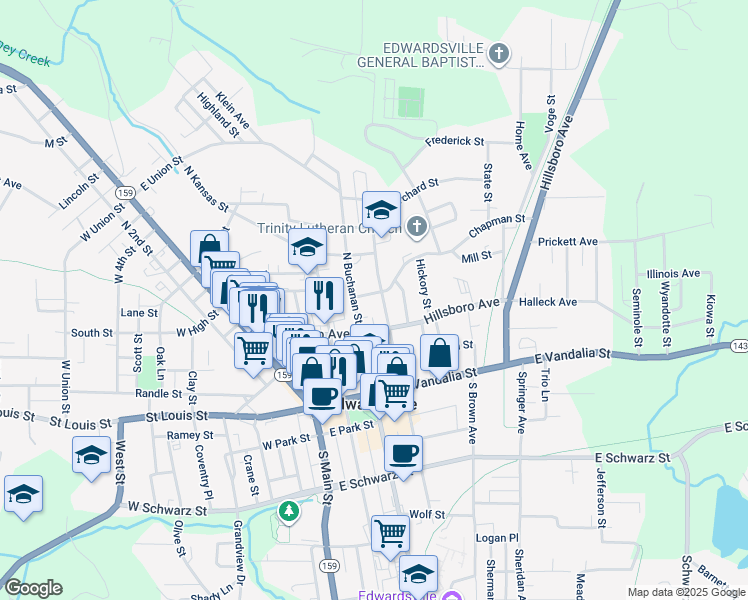 map of restaurants, bars, coffee shops, grocery stores, and more near 308 North Buchanan Street in Edwardsville
