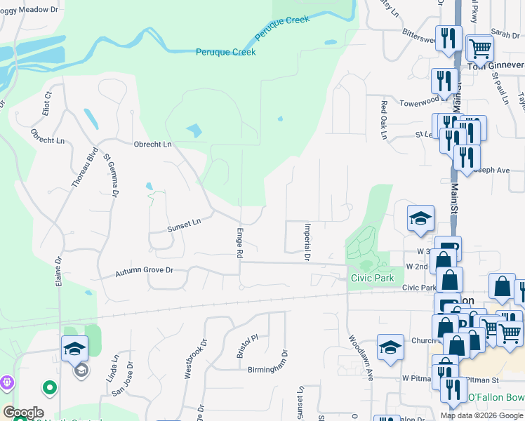 map of restaurants, bars, coffee shops, grocery stores, and more near 707 Emge Road in O'Fallon