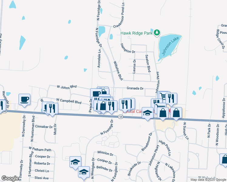 map of restaurants, bars, coffee shops, grocery stores, and more near 1220 Granada Drive in Raymore