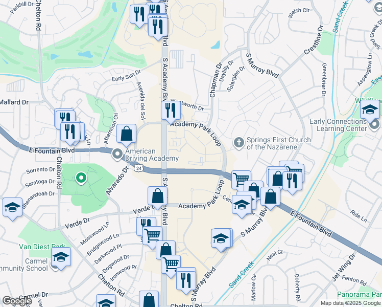map of restaurants, bars, coffee shops, grocery stores, and more near 1340 Inverness Drive in Colorado Springs
