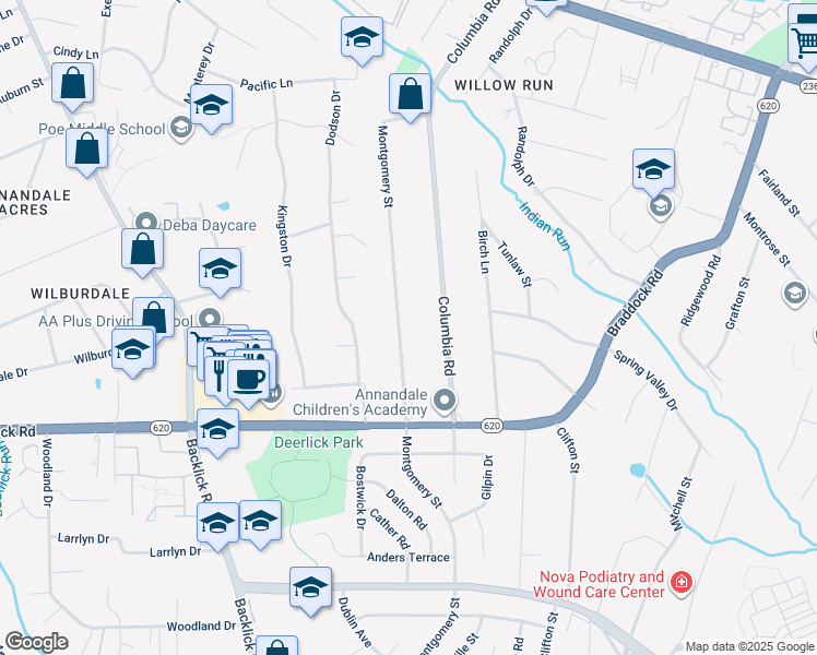 map of restaurants, bars, coffee shops, grocery stores, and more near 5009 Montgomery Street in Annandale
