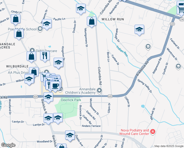 map of restaurants, bars, coffee shops, grocery stores, and more near 5009 Montgomery Street in Annandale
