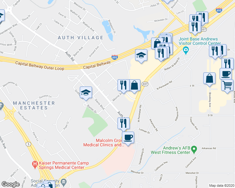 map of restaurants, bars, coffee shops, grocery stores, and more near 5431 Morris Avenue in Camp Springs