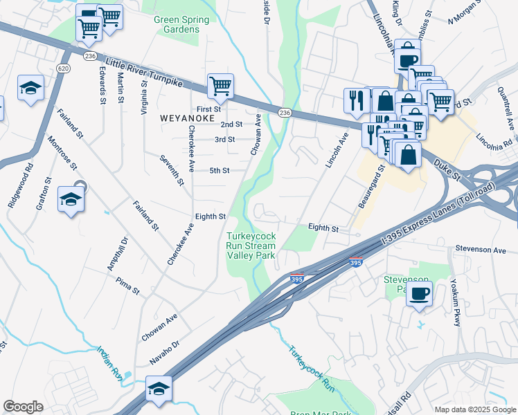map of restaurants, bars, coffee shops, grocery stores, and more near 6353 8th Circle in Alexandria