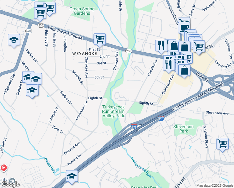 map of restaurants, bars, coffee shops, grocery stores, and more near 6353 8th Circle in Alexandria