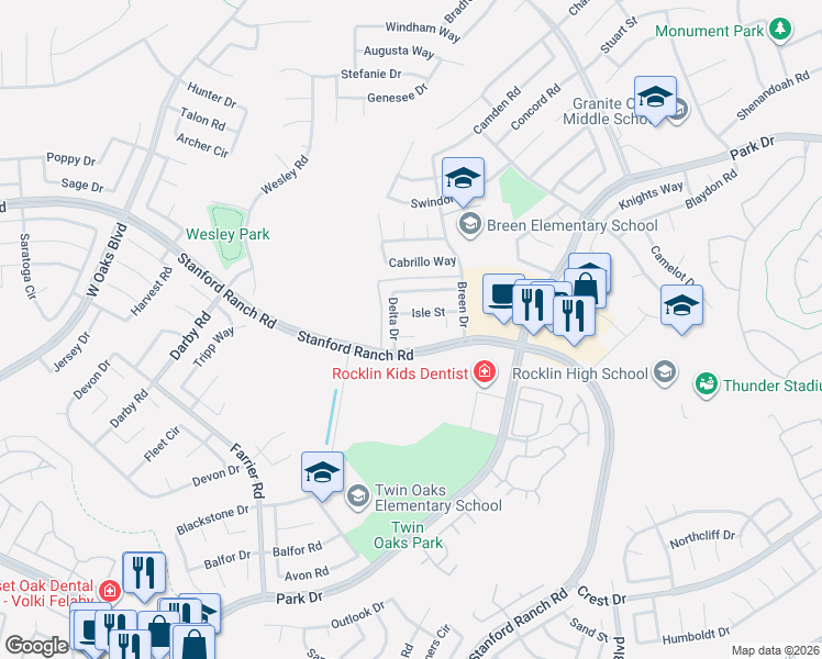 map of restaurants, bars, coffee shops, grocery stores, and more near 2817 Isle Street in Rocklin